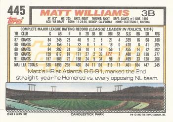 1992 Topps - Gold Winners #445 Matt Williams Back
