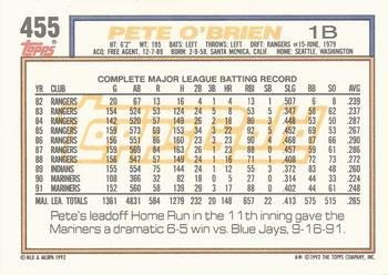 1992 Topps - Gold Winners #455 Pete O'Brien Back