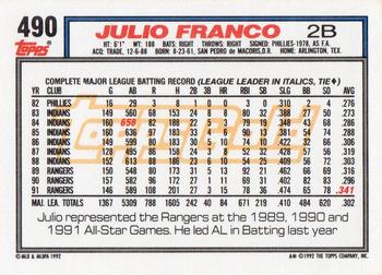 1992 Topps - Gold Winners #490 Julio Franco Back