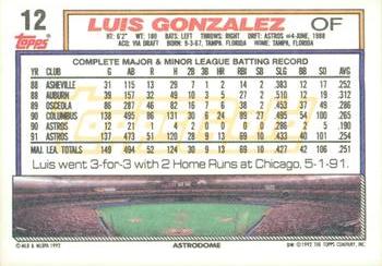1992 Topps - Gold Winners #12 Luis Gonzalez Back