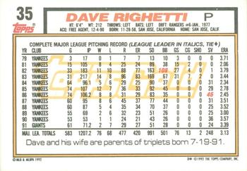 1992 Topps - Gold Winners #35 Dave Righetti Back