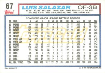 1992 Topps - Gold Winners #67 Luis Salazar Back