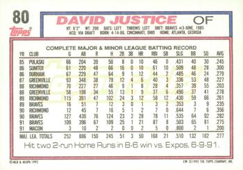 1992 Topps - Gold Winners #80 David Justice Back