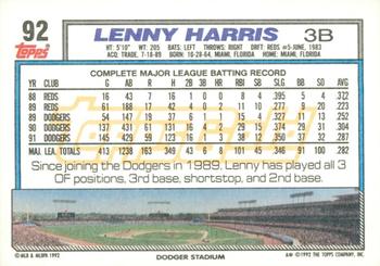 1992 Topps - Gold Winners #92 Lenny Harris Back
