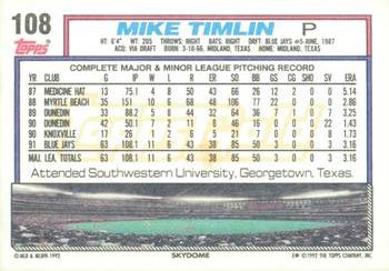 1992 Topps - Gold Winners #108 Mike Timlin Back