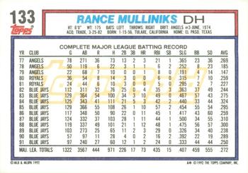 1992 Topps - Gold Winners #133 Rance Mulliniks Back