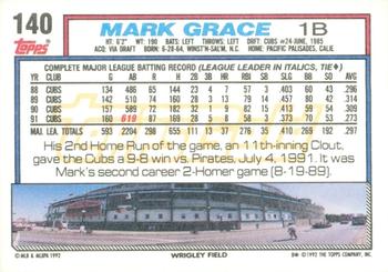 1992 Topps - Gold Winners #140 Mark Grace Back