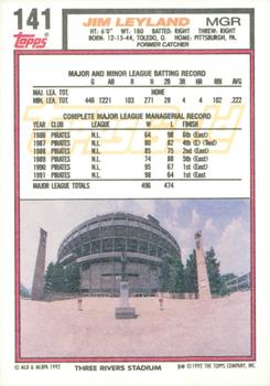 1992 Topps - Gold Winners #141 Jim Leyland Back