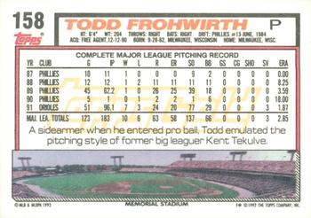 1992 Topps - Gold Winners #158 Todd Frohwirth Back