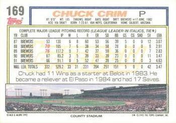 1992 Topps - Gold Winners #169 Chuck Crim Back
