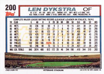 1992 Topps - Gold Winners #200 Len Dykstra Back