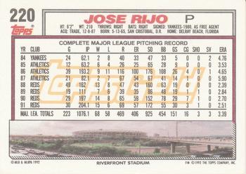 1992 Topps - Gold Winners #220 Jose Rijo Back