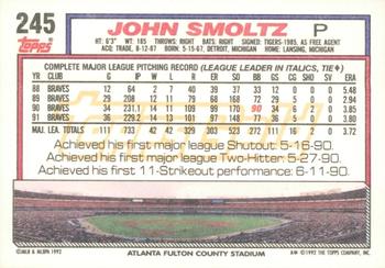 1992 Topps - Gold Winners #245 John Smoltz Back