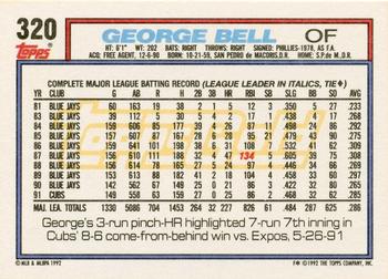 1992 Topps - Gold Winners #320 George Bell Back