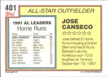 1992 Topps - Gold Winners #401 Jose Canseco Back