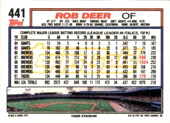 1992 Topps - Gold Winners #441 Rob Deer Back