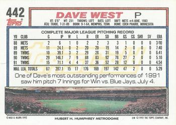 1992 Topps - Gold Winners #442 Dave West Back