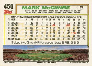 1992 Topps - Gold Winners #450 Mark McGwire Back