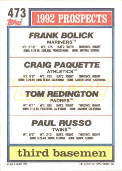 1992 Topps - Gold Winners #473 Frank Bolick / Craig Paquette / Tom Redington / Paul Russo Back