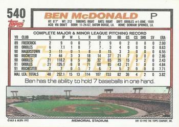 1992 Topps - Gold Winners #540 Ben McDonald Back