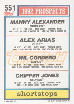 1992 Topps - Gold Winners #551 Manny Alexander / Alex Arias / Wil Cordero / Chipper Jones Back