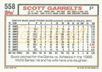1992 Topps - Gold Winners #558 Scott Garrelts Back