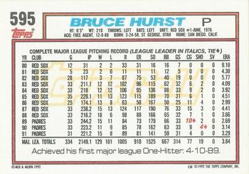 1992 Topps - Gold Winners #595 Bruce Hurst Back