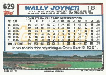 1992 Topps - Gold Winners #629 Wally Joyner Back