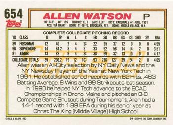 1992 Topps - Gold Winners #654 Allen Watson Back