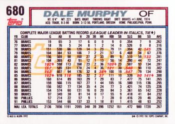 1992 Topps - Gold Winners #680 Dale Murphy Back