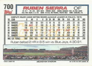 1992 Topps - Gold Winners #700 Ruben Sierra Back