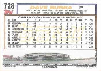 1992 Topps - Gold Winners #728 Dave Burba Back