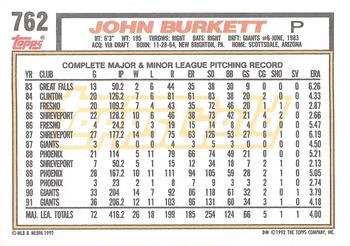 1992 Topps - Gold Winners #762 John Burkett Back