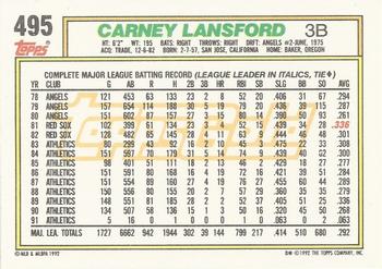 1992 Topps - Gold Winners #495 Carney Lansford Back