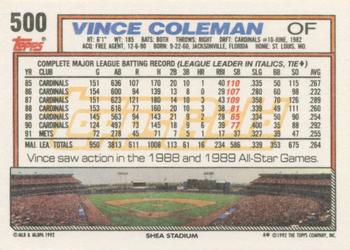1992 Topps - Gold Winners #500 Vince Coleman Back