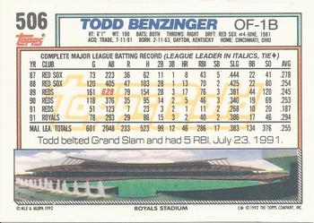 1992 Topps - Gold Winners #506 Todd Benzinger Back
