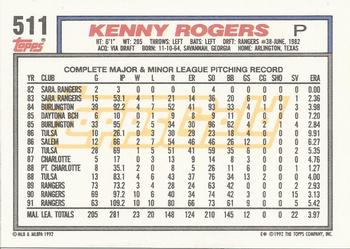 1992 Topps - Gold Winners #511 Kenny Rogers Back
