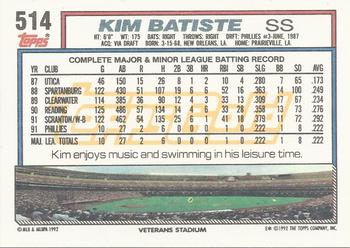 1992 Topps - Gold Winners #514 Kim Batiste Back