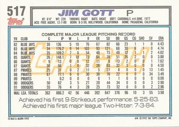 1992 Topps - Gold Winners #517 Jim Gott Back