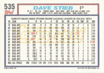 1992 Topps - Gold Winners #535 Dave Stieb Back