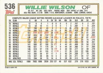 1992 Topps - Gold Winners #536 Willie Wilson Back