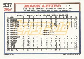 1992 Topps - Gold Winners #537 Mark Leiter Back