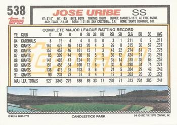 1992 Topps - Gold Winners #538 Jose Uribe Back