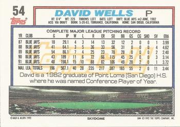 1992 Topps - Gold Winners #54 David Wells Back