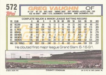 1992 Topps - Gold Winners #572 Greg Vaughn Back