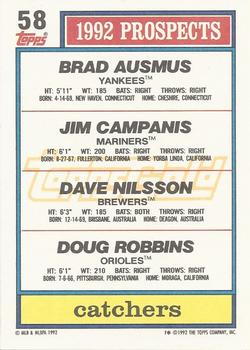 1992 Topps - Gold Winners #58 Brad Ausmus / Jim Campanis / Dave Nilsson / Doug Robbins Back