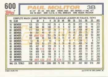 1992 Topps - Gold Winners #600 Paul Molitor Back