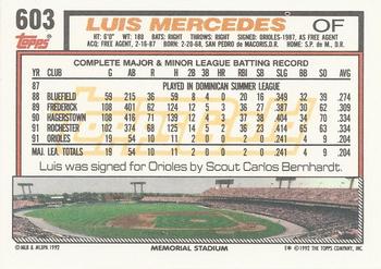 1992 Topps - Gold Winners #603 Luis Mercedes Back