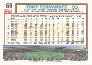 1992 Topps - Gold Winners #60 Tony Fernandez Back