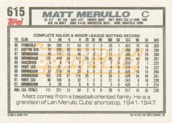 1992 Topps - Gold Winners #615 Matt Merullo Back